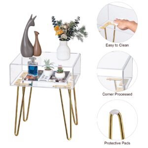 HMYHUM Small Acrylic Nightstand with Metal Legs, 15.6'' L x 11.6'' W x 19.5'' H, Bedside Table for Small Spaces for Bedroom, Easy Assembly, Modern, Clear & Gold