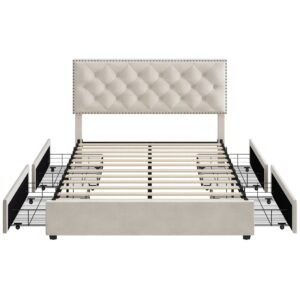 HOSTACK Queen Size Bed Frame with 4 Storage Drawers, Modern Upholstered Platform Bed with Adjustable Headboard,Button Tufted Bed Frame with Wood Slat Support,No Box Spring Needed(Beige)