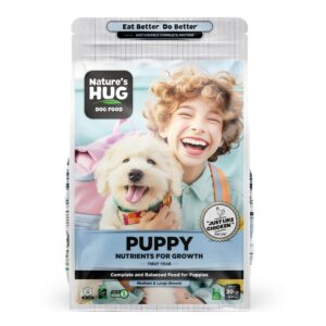 nature's hug dry dog food, puppy-medium & large breeds, 20 lb. bag, chicken flavor plant-based protein vegetarian kibble, grain-free, allergen-free, complete protein & balanced nutrition