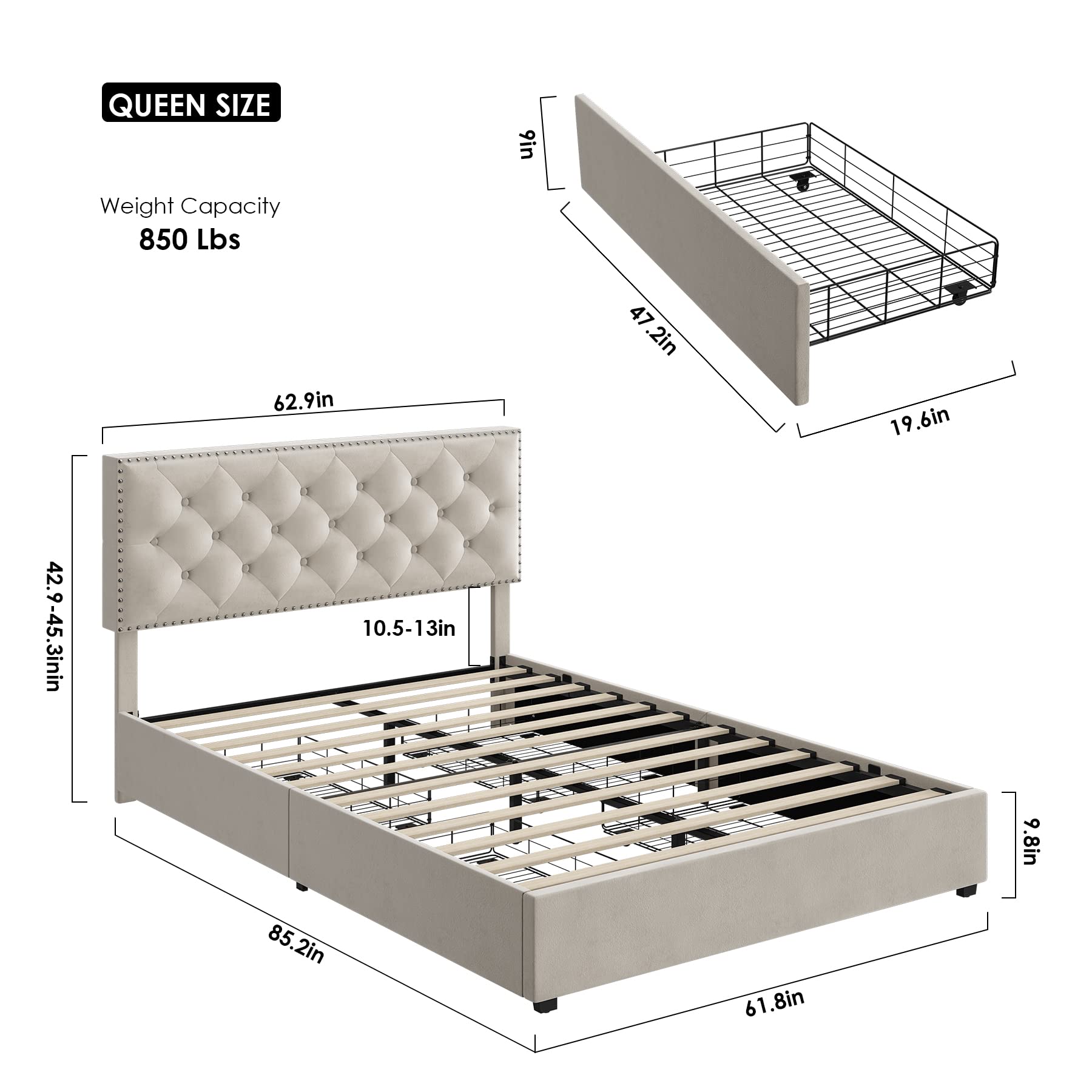 HOSTACK Queen Size Bed Frame with 4 Storage Drawers, Modern Upholstered Platform Bed with Adjustable Headboard,Button Tufted Bed Frame with Wood Slat Support,No Box Spring Needed(Beige)