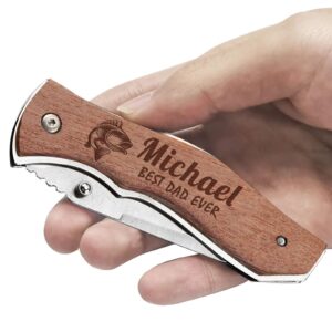 Personalized Engraved Pocket Knife Custom Knife Name for Men Customized Wood Handle Fishing Hunting Knives Folding Gifts for Dad Husband Boy Son Valentines Day Father Day