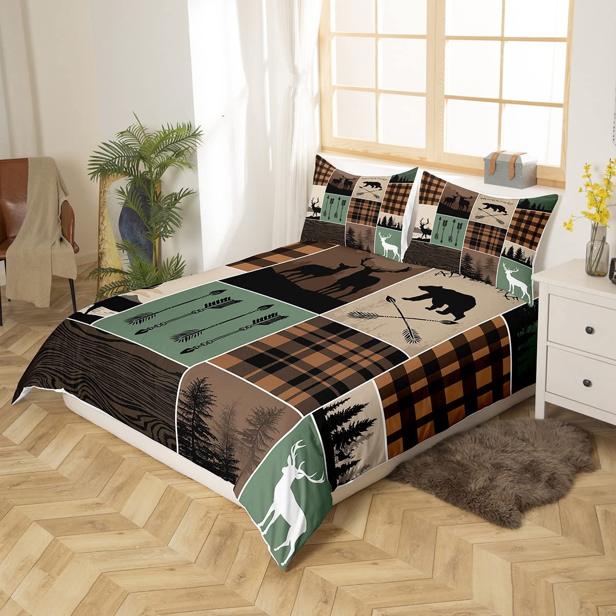 Farmhouse Retro Rustic Bedding Set Full Size, Country Bear Deer Comforter Cover Hunting Wild Animal Duvet Cover Plaid Arrows Adventure Patchwork Bedspread Cover With 2 Pillow Cases, Brown Green