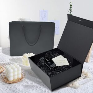 CIOUYAOS Black Gift Box with Lids, Large Ribbon Luxury Magnetic Packaging Box with Paper Bags, 2 Greeting Card and Shredded Paper Filler for Christmas Wedding Men Women Birthday Presents