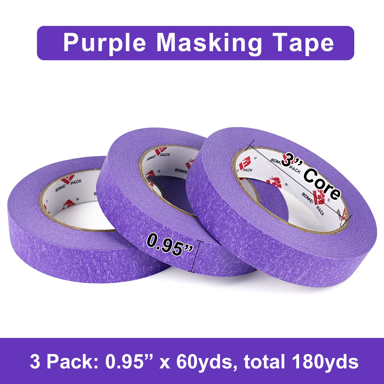 BOMEI PACK Purple Painters Tape 0.94-Inches x 60 Yards, 14 Day Easy Removal Decorative Marking Masking Tape for Painting, Labeling, DIY Crafting, Decoration and School Projects, 3 Pack