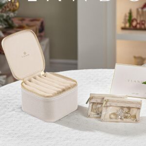 Vlando Small Jewelry Box Organizer,Travel Jewelry Storage with 6 Velvet Jewelry Zipper Pockets,Travel Jewelry Case Christmas Gifts Birthday Gifts for Women Girls (White)