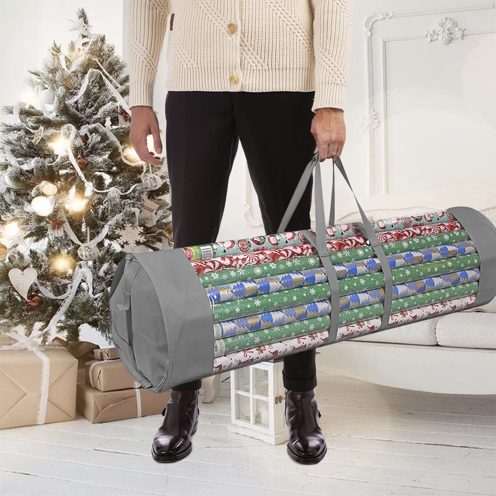 ProPik Wrapping Paper Organizer Storage Bag for All Your Gift Wrap & Ribbons, Fits Long 40 Inch Rolls, Hold Up To 24 Rolls, Heavy Duty Clear PVC Bag with Handles (Gray & clear)