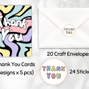 20 Pcs Cute Thank You Cards With Envelopes For Kids, Teens And Adults Colorful Tank You Notes Cards Blank Inside For All Occasions, Girls Birthday, Baby Shower, Party, Small Business, Sweet 16, With Stickers and Envelopes, 4.25x5.5