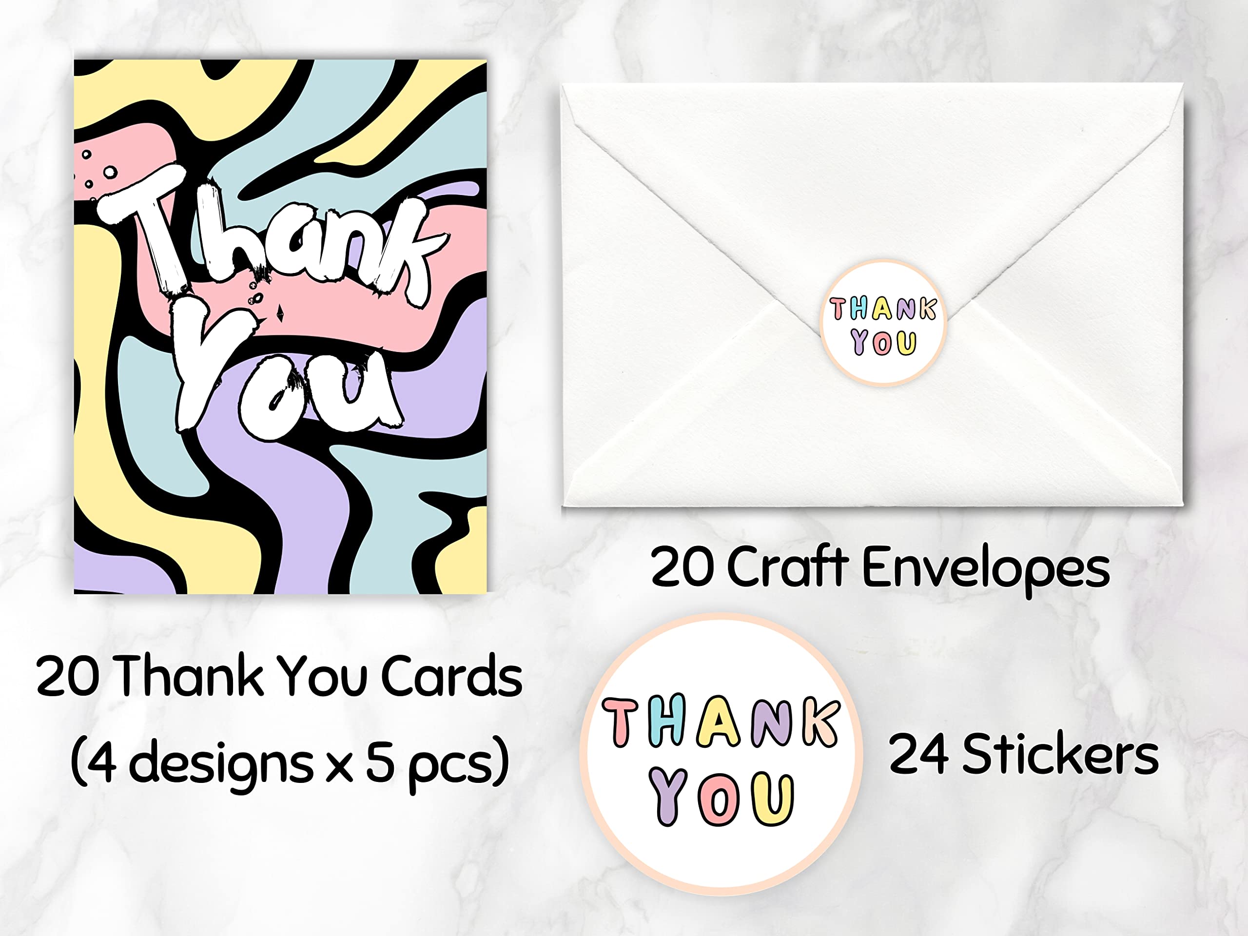 20 Pcs Cute Thank You Cards With Envelopes For Kids, Teens And Adults Colorful Tank You Notes Cards Blank Inside For All Occasions, Girls Birthday, Baby Shower, Party, Small Business, Sweet 16, With Stickers and Envelopes, 4.25x5.5