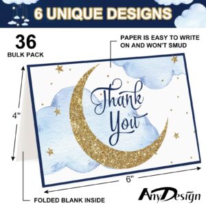 AnyDesign 36 Pack Stars Thank You Greeting Cards with Envelopes Matching Seal Stickers Blue Starry Delight Blank Note Cards Twinkle Moon Event Stationery for Baby Shower Birthday Supplies