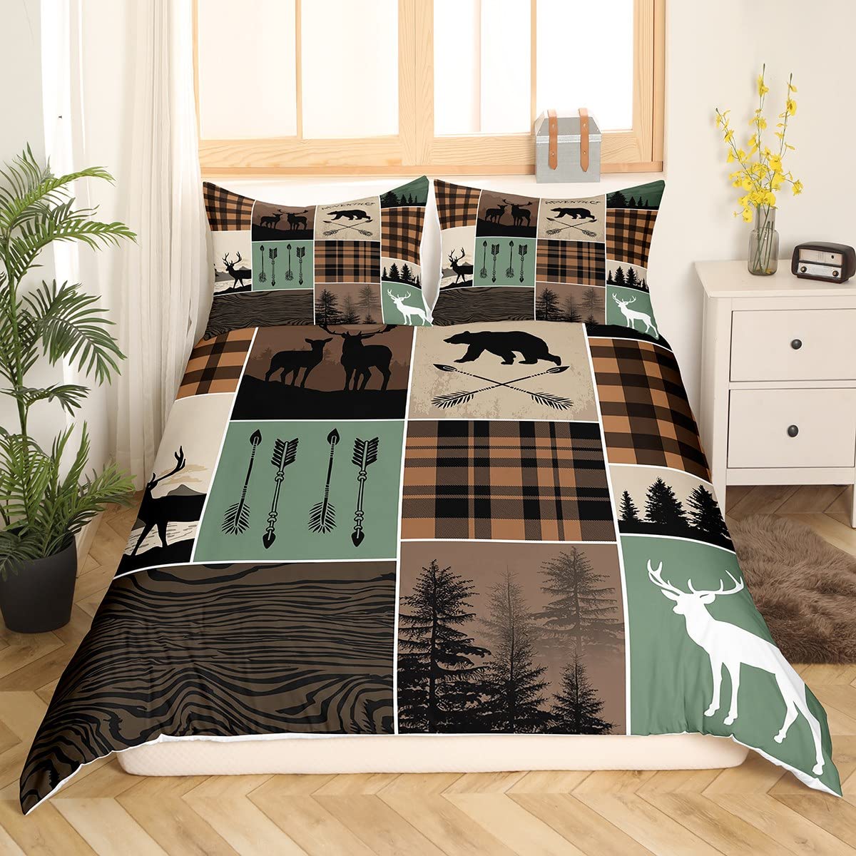 Farmhouse Retro Rustic Bedding Set Full Size, Country Bear Deer Comforter Cover Hunting Wild Animal Duvet Cover Plaid Arrows Adventure Patchwork Bedspread Cover With 2 Pillow Cases, Brown Green