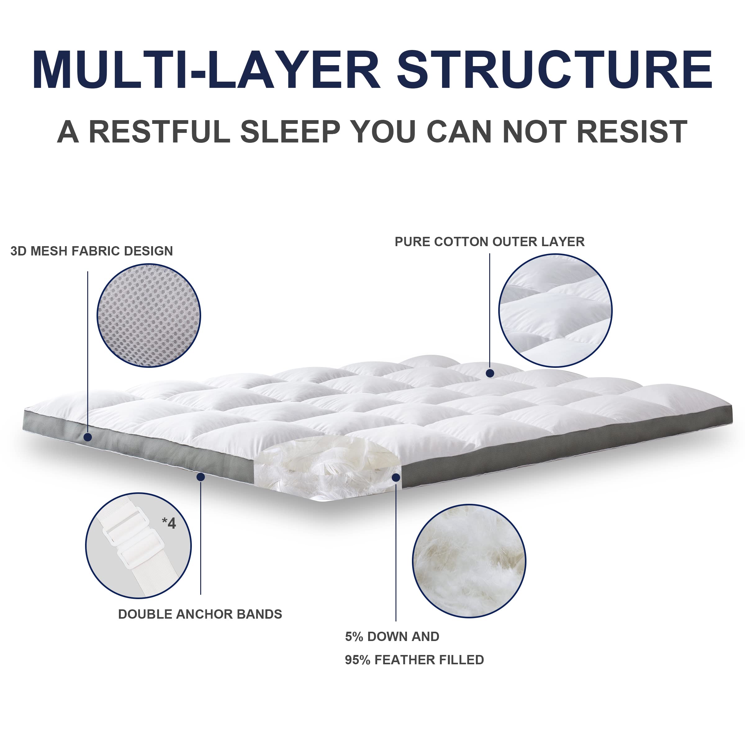 subrtex Feather Mattress Topper Full, Bed Mattress Topper, Breathable Mattress Pad Overfilled with Soft White Goose Down (54"x75")