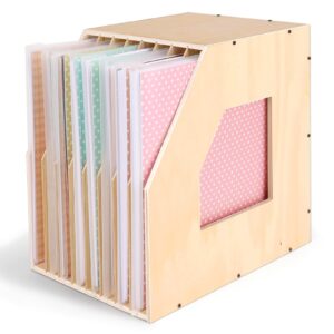 caydo wood paper storage organizer, slope design paper storage shelf for holding 12 x 12 inch scrapbook paper, 8 slot stable scrapbook paper rack for portfolio, heat transfer papers