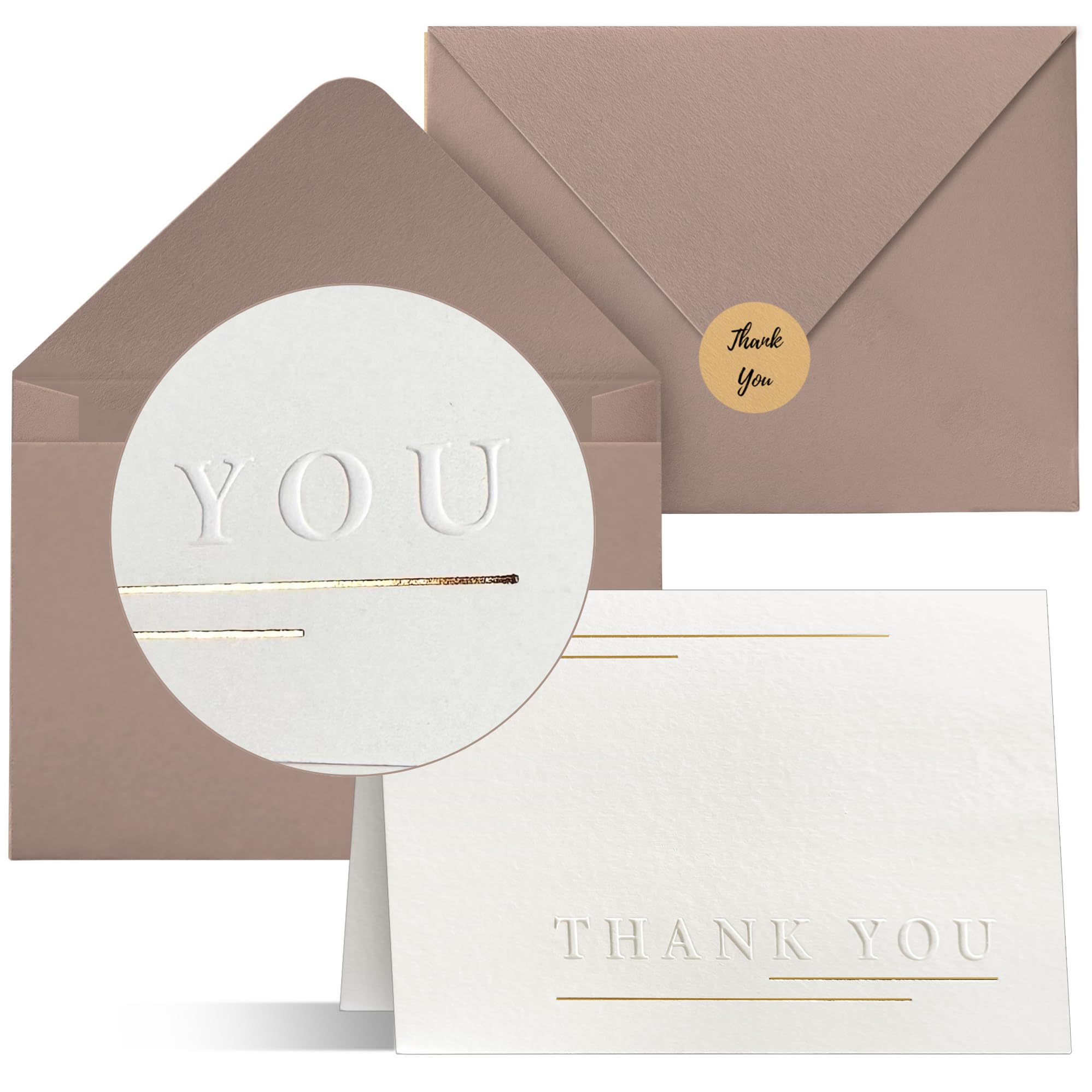 Thank You Cards with embossed letters and gold thread, 50 Pack Thank You Cards, 4 X 6 inch Thank You Cards With Envelopes and Stickers, Blank Cards with elegant design, for weddings, baby shower