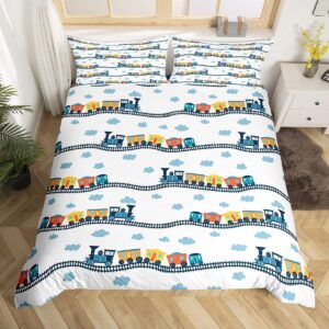 Erosebridal Cute Steam Engine Bed Sets for Kids Toddlers Kawaii Train Comforter Cover Construction Vehicles Duvet Cover Queen Cartoon Railway Bedding Set Boys Car Theme Bedspread Cover 3pcs