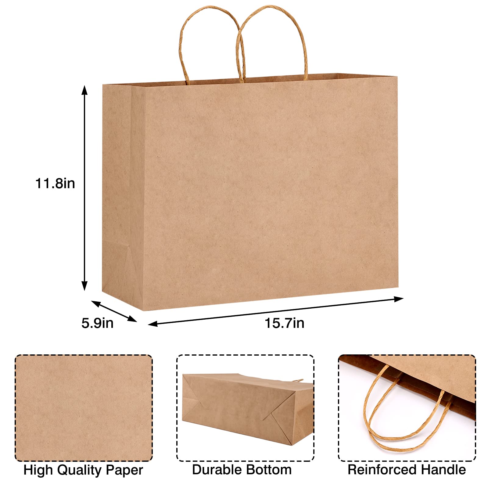 Moretoes 55pcs Paper Bags, 16x6x12 Inch Brown Paper Bags, Paper Bags with Handles for Small Business, Large Brown Paper Bags, Paper Shopping Bags