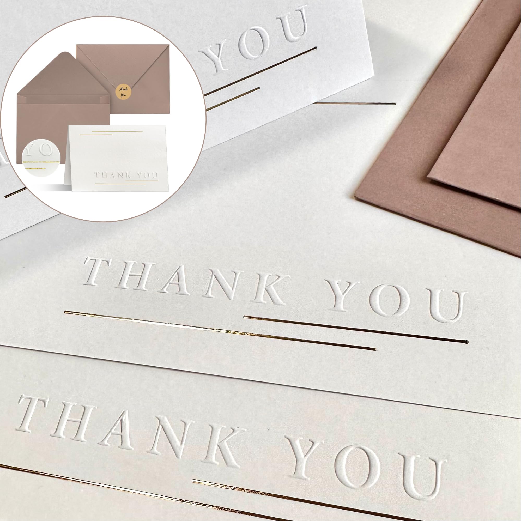 Thank You Cards with embossed letters and gold thread, 50 Pack Thank You Cards, 4 X 6 inch Thank You Cards With Envelopes and Stickers, Blank Cards with elegant design, for weddings, baby shower