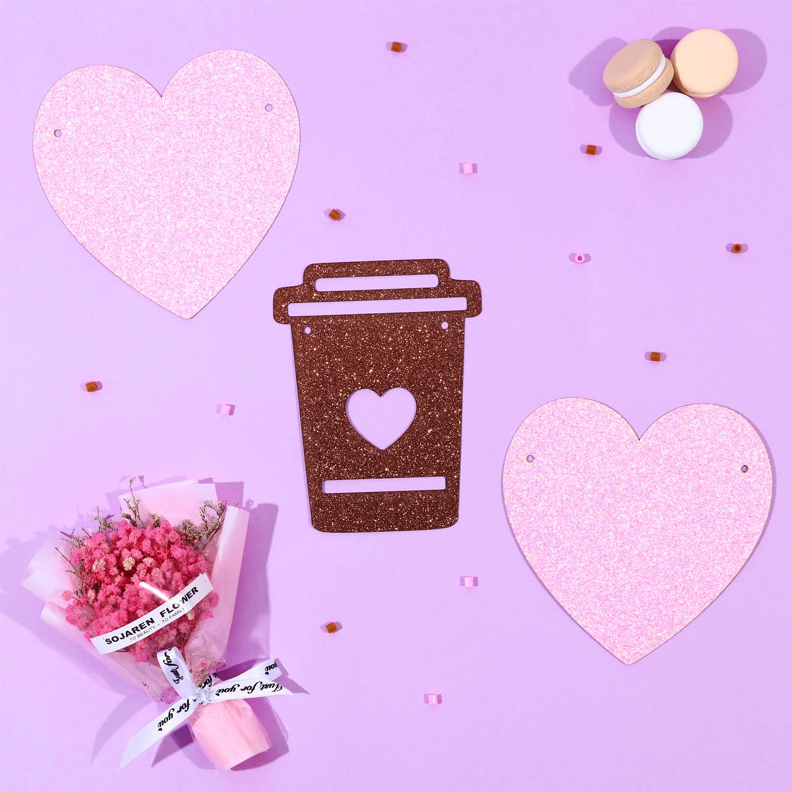 Coffee Bar Banner Pink, Glitter Coffee Cup and Heart Garland, Latte Banner for Birthday Bachelorette Engagement Wedding Baby Shower Party, Coffee Bar Wall Table Decorations