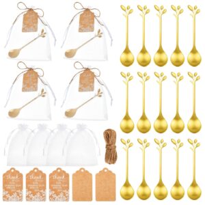 gueevin 100 set wedding tea spoon favor 4.7'' for guest bulk, stainless steel mini dessert teaspoon with 100 gift tag drawstring organza bag and rope for gift tea party bridal shower favor (leaf)