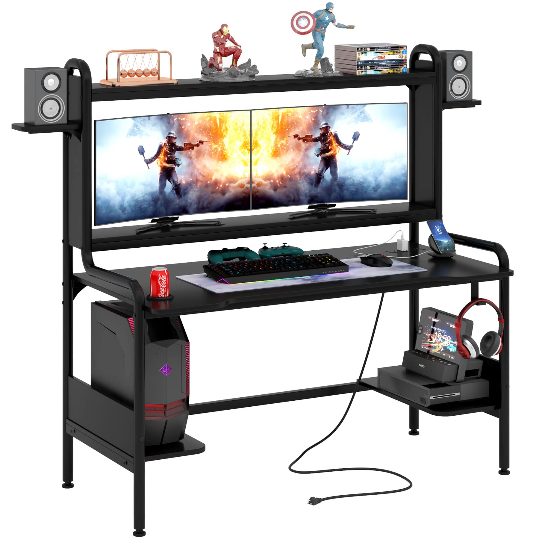 TIYASE Gaming Desk with Monitor Stand & Power Outlet, 55 Inch Gaming Computer Desk with Hutch and Storage Shelves, Large PC Gamer Desk Workstation Gaming Table with Cup Holder, Headphone Hook,Black