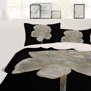 Spring Floral Duvet Cover Set 3 Pieces with Zipper Closure, White Flower Gold Edge Abstract Art Black Bedding Sets 1 Duvet Cover & 2 Pillow Cases, Breathable Comforter Cover Set Duvet Cover Queen