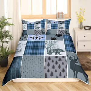 Rustic Farmhouse Comforter Cover Queen, Retro Cabin Lodge Duvet Cover Country Bear Deer Bedding Set For Kids Teens Adult Men, Hunting Wild Animal Plaid Checkered Quilt Cover With 2 Pillow Cases,Blue