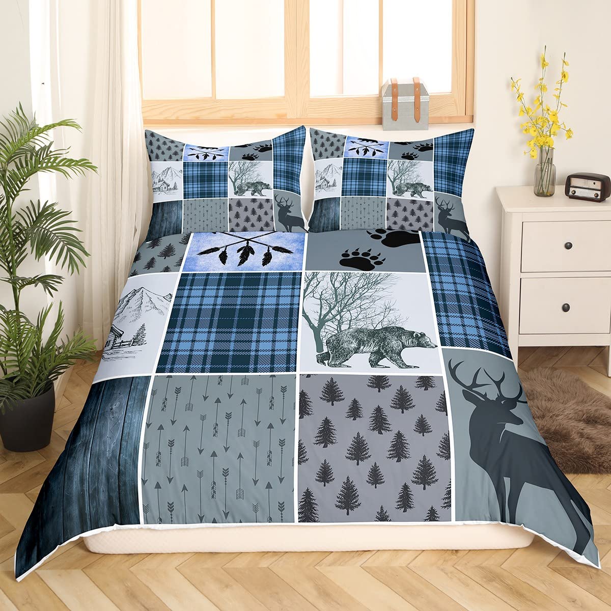 Rustic Farmhouse Comforter Cover Queen, Retro Cabin Lodge Duvet Cover Country Bear Deer Bedding Set For Kids Teens Adult Men, Hunting Wild Animal Plaid Checkered Quilt Cover With 2 Pillow Cases,Blue