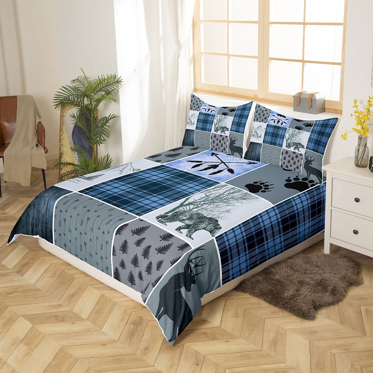 Rustic Farmhouse Comforter Cover Queen, Retro Cabin Lodge Duvet Cover Country Bear Deer Bedding Set For Kids Teens Adult Men, Hunting Wild Animal Plaid Checkered Quilt Cover With 2 Pillow Cases,Blue