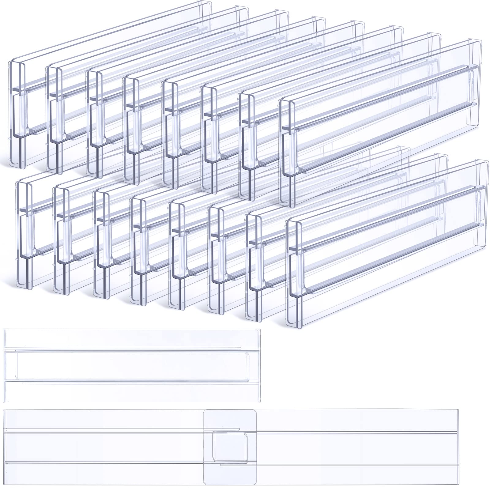 Marsui 18 Pack Clear Drawer Dividers Organizer 3.2" High Adjustable Expandable from 11-19" Plastic acrylic Drawers Separators for Dresser Organizer Bedroom Clothing Office Storage Kitchen Utensils