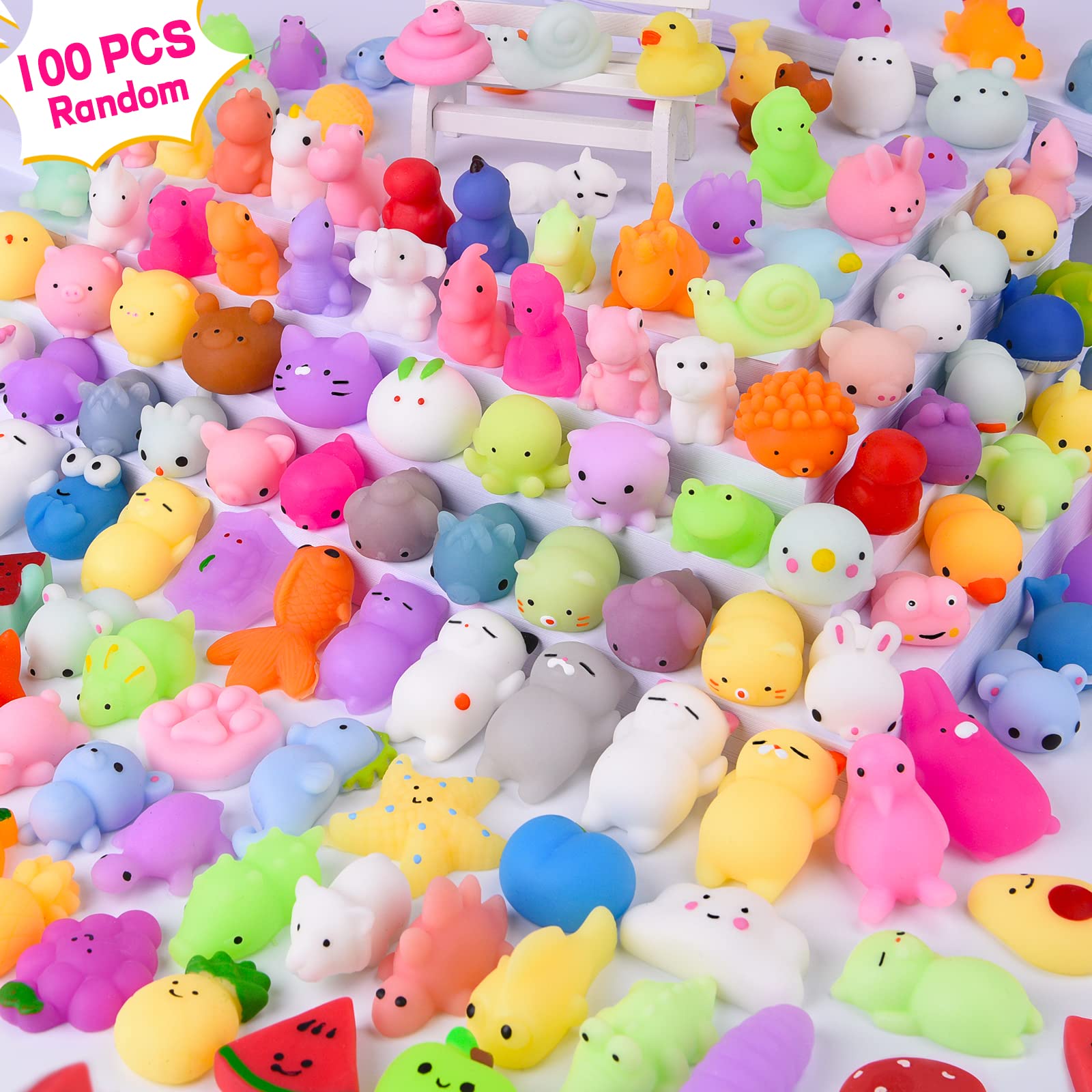 LEEHUR 100PCS Kawaii Squishies, Mochi Squishy Toys for Kids Party Favors, Mini Stress Relief Squishy Fidget Toys for Classroom Prizes for Kids Party Favors Goodie Bags Stuffers with Storage Bag