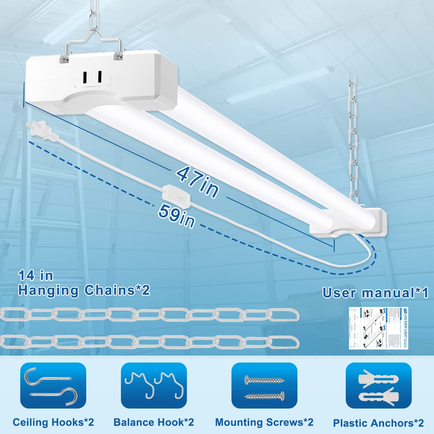 Splendidlled LED Shop Light 4ft Garage Light, led Light Tube with Power Cord, 110-220 V AC, 40watt Equivalent 250watt Light Efficiency, Ultra-Bright 5600Lm, 5000k White Light (2 Pack)