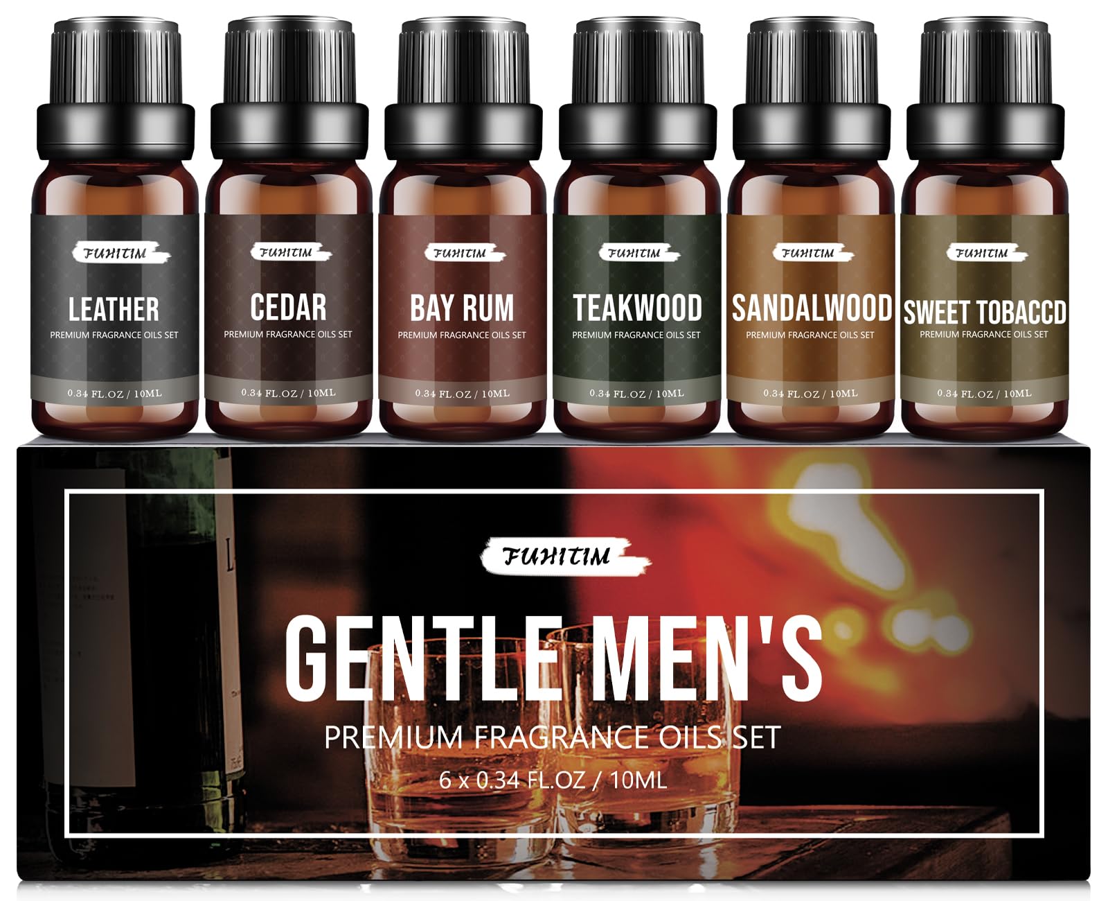 FUHITIM Fragrance Oil Gentlemen's Set, Scented Oil for Candle Scents for Candle Making, Soap Making Scents, Diffuser Oils Scents | Leather, Sweet Tobacco, Teakwood, Bay Rum, Cedar, Sandalwood (6*10ML)