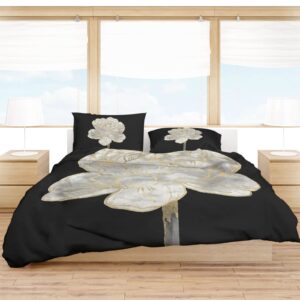 Spring Floral Duvet Cover Set 3 Pieces with Zipper Closure, White Flower Gold Edge Abstract Art Black Bedding Sets 1 Duvet Cover & 2 Pillow Cases, Breathable Comforter Cover Set Duvet Cover Queen