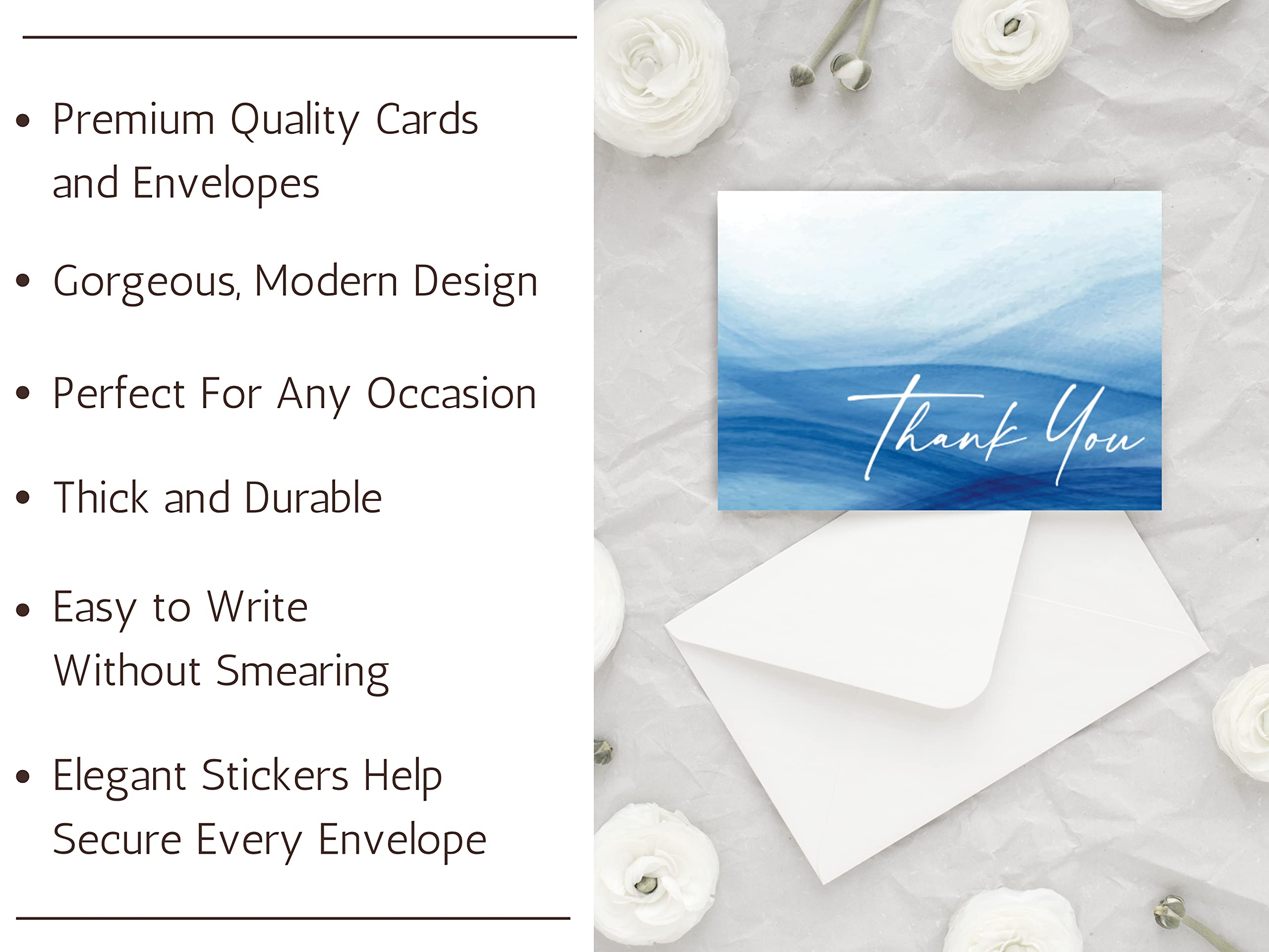 50 Pcs Thank You Cards With Envelopes Premium Quality Classy Thank You Notes Cards For All Occasions, Wedding, Baby Shower, Bridal Shower, Birthday, Engagement, Funeral, Beautiful Minimalistic Design, Blue With White Letters Bulk 4x6