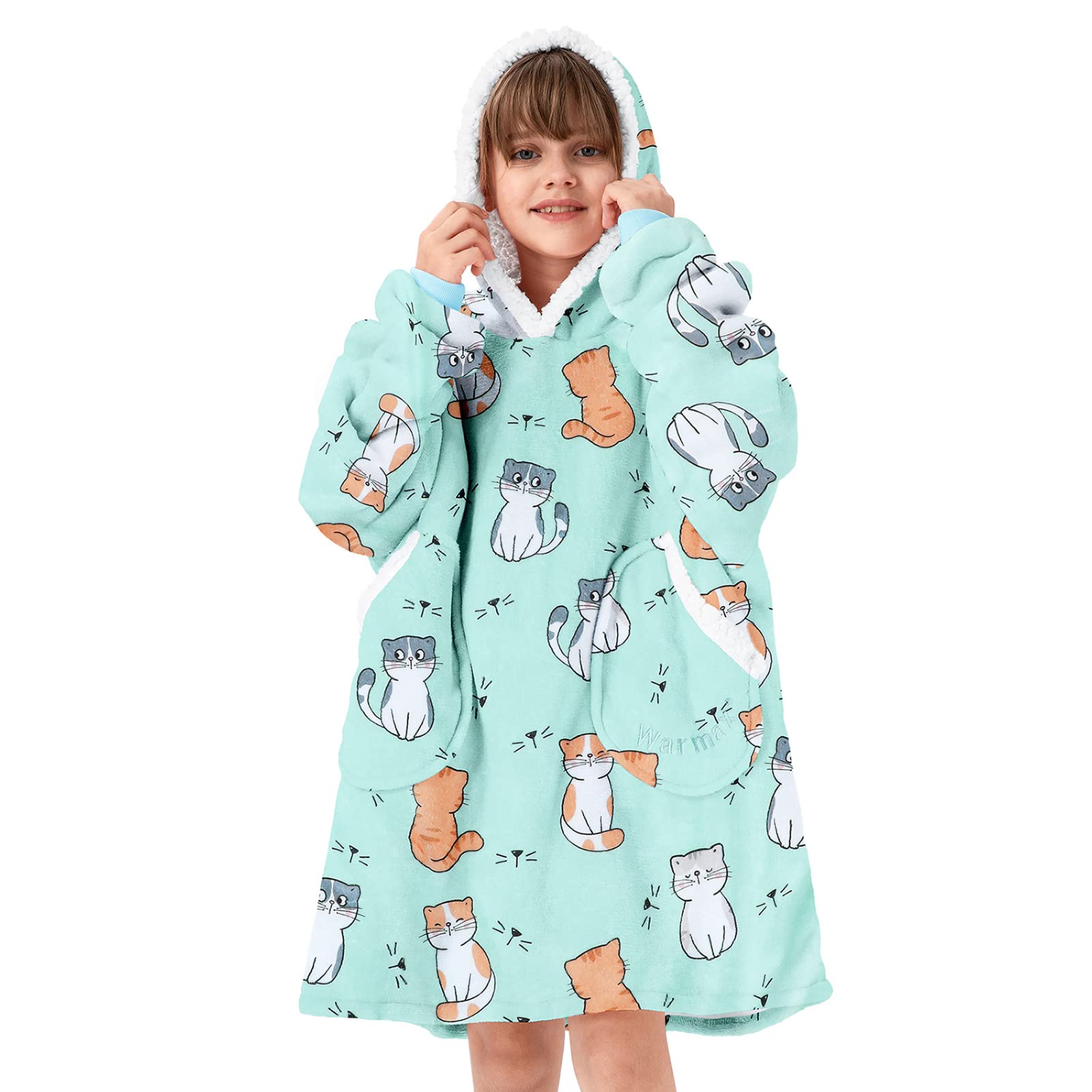 American Trends Blanket Hoodie for Girls Wearable Blanket for Kids Oversized Hoodie Sherpa Hooded Sweatshirt Kitty