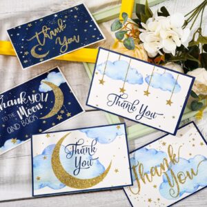 AnyDesign 36 Pack Stars Thank You Greeting Cards with Envelopes Matching Seal Stickers Blue Starry Delight Blank Note Cards Twinkle Moon Event Stationery for Baby Shower Birthday Supplies