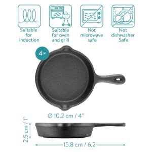 Navaris Mini Cast Iron Skillet with Wooden Base (Set of 4) - Cast Iron Frying Pan Mini Skillet with Protective Wood Base - Heavy Duty Metal Skillet Weighing 426g