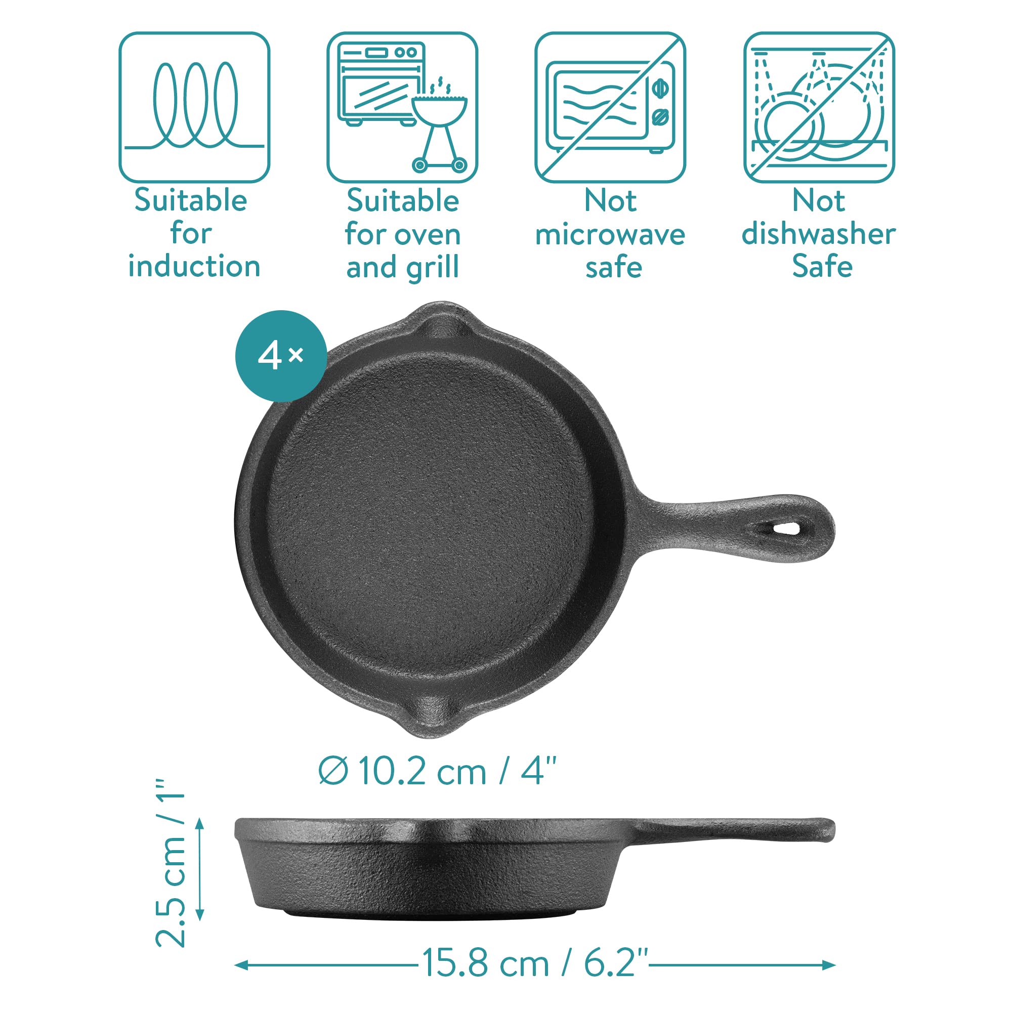 Navaris Mini Cast Iron Skillet with Wooden Base (Set of 4) - Cast Iron Frying Pan Mini Skillet with Protective Wood Base - Heavy Duty Metal Skillet Weighing 426g