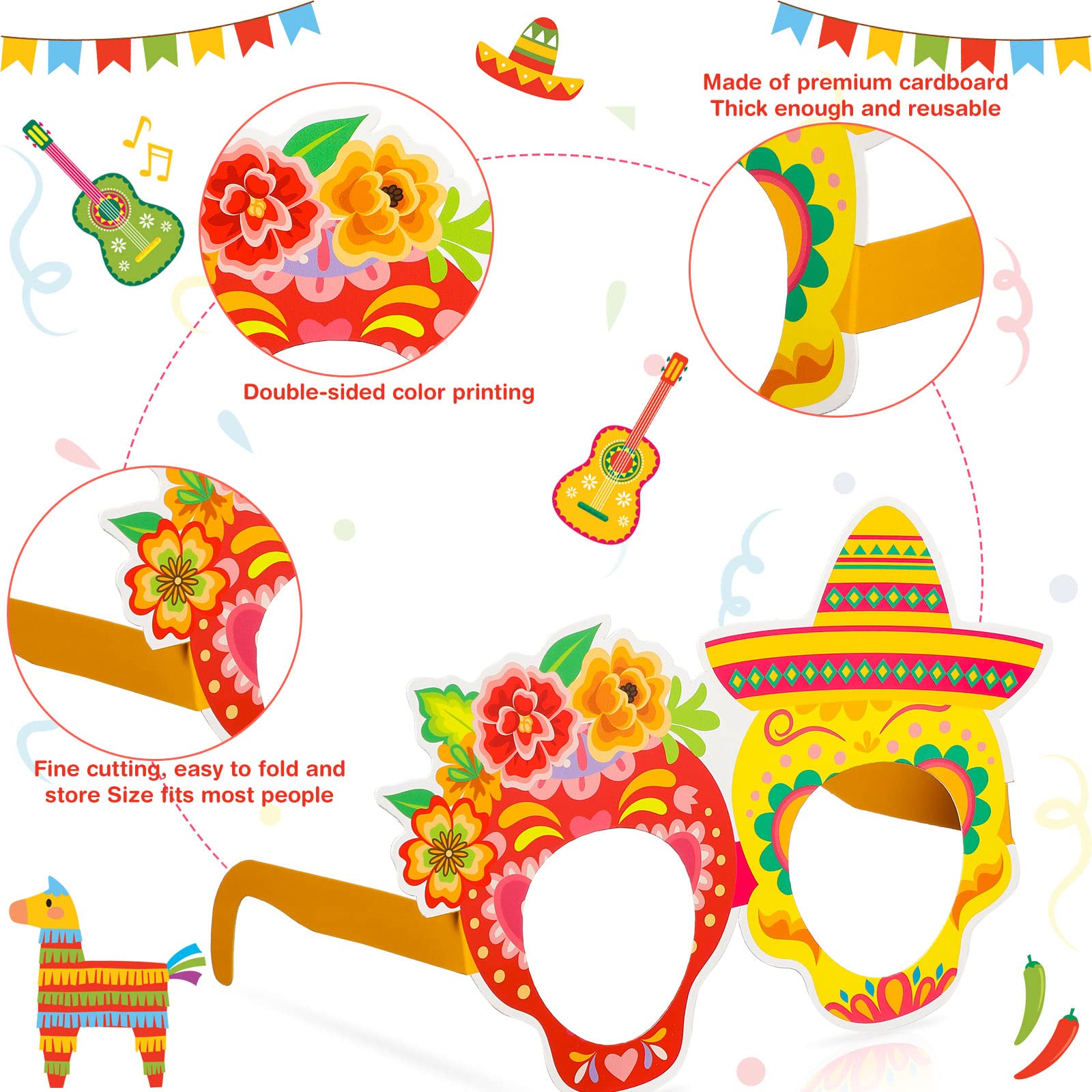 32 Pcs Mexican Fiesta Party Decorations Paper Eyeglasses Taco Party Cactus Pinata Cinco De Mayo Party Costume Photo Booth Props Supplies for Taco Twosday Birthday Party Let's Fiesta Party Favor