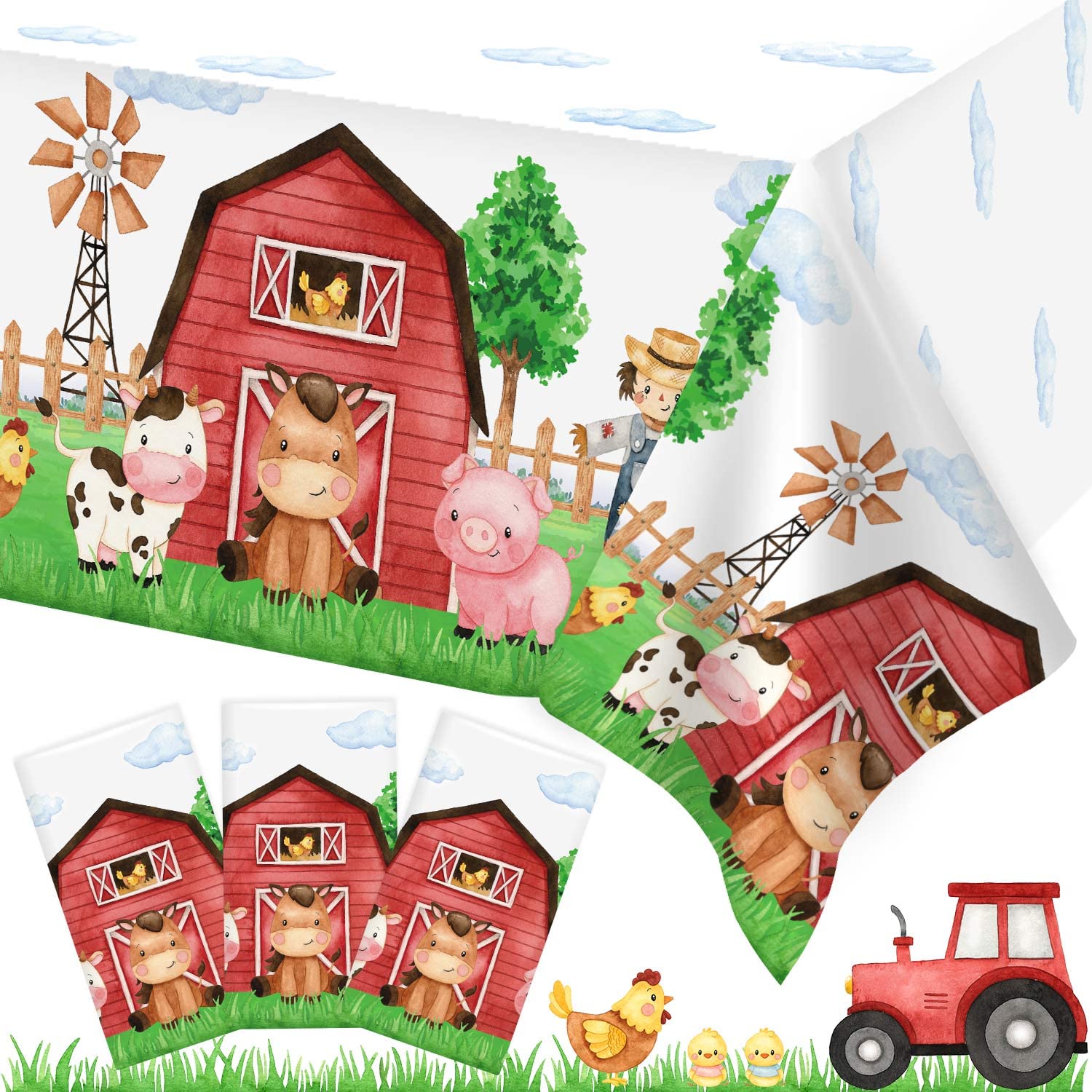 Heboland 3 Pieces Farm Animal Birthday Party Supplies Tablecloth, Large Size 54 x 108 Inch Rectangular Plastic Table Cover, Barnyard Birthday Party Supplies Decorations for Baby Shower Boys Girls