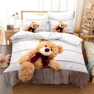 ltaethc duvet cover full size, white teddy bear cute toy bear 3d print duvet cover set, luxury soft 3 pieces bedding set breathable with 2 pillow shams for hotel bedroom decor (no comforter)