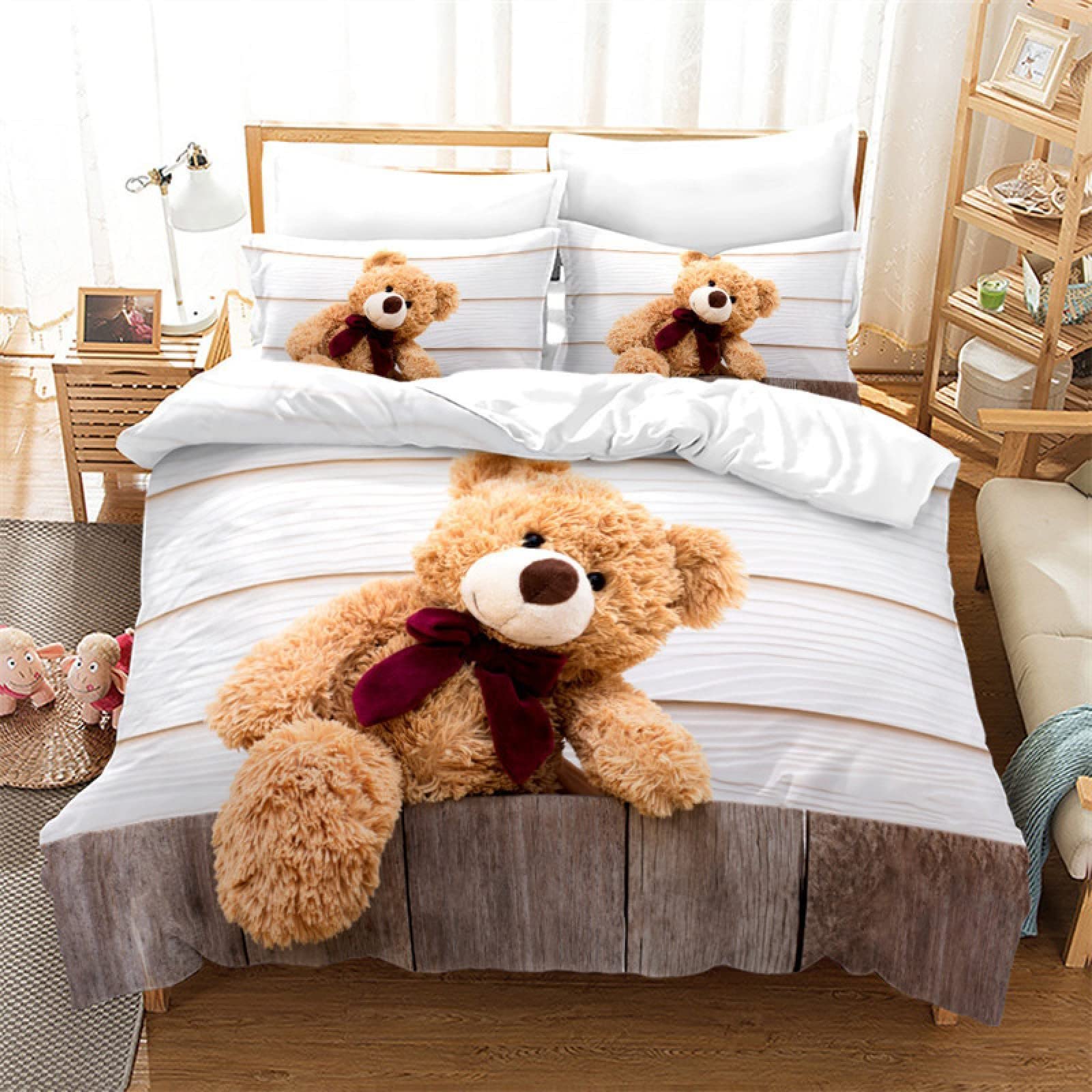 LTAETHC Duvet Cover Full Size, White Teddy Bear Cute Toy Bear 3D Print Duvet Cover Set, Luxury Soft 3 Pieces Bedding Set Breathable with 2 Pillow Shams for Hotel Bedroom Decor (No Comforter)