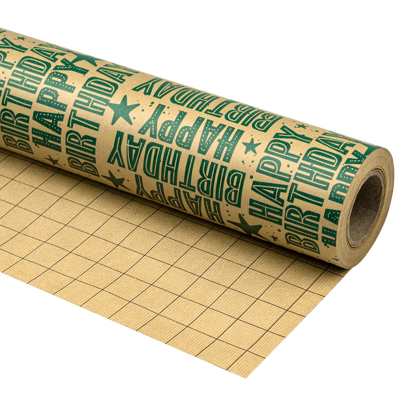 RUSPEPA Kraft Wrapping Paper Roll - Mini Roll - Green Happy Birthday Pattern Great for Birthday, Party, Baby Shower - 17.5 Inches X 32.8 Feet