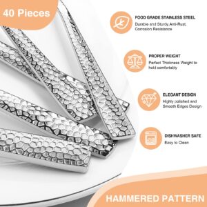 Hammered Silverware Set, 60 Pieces Stainless Steel Square Flatware Set for 12, Mirror Polished Tableware Cutlery Set for Home Kitchen Restaurant, Kitchen Utensils Set, Modern Design, Dishwasher Safe