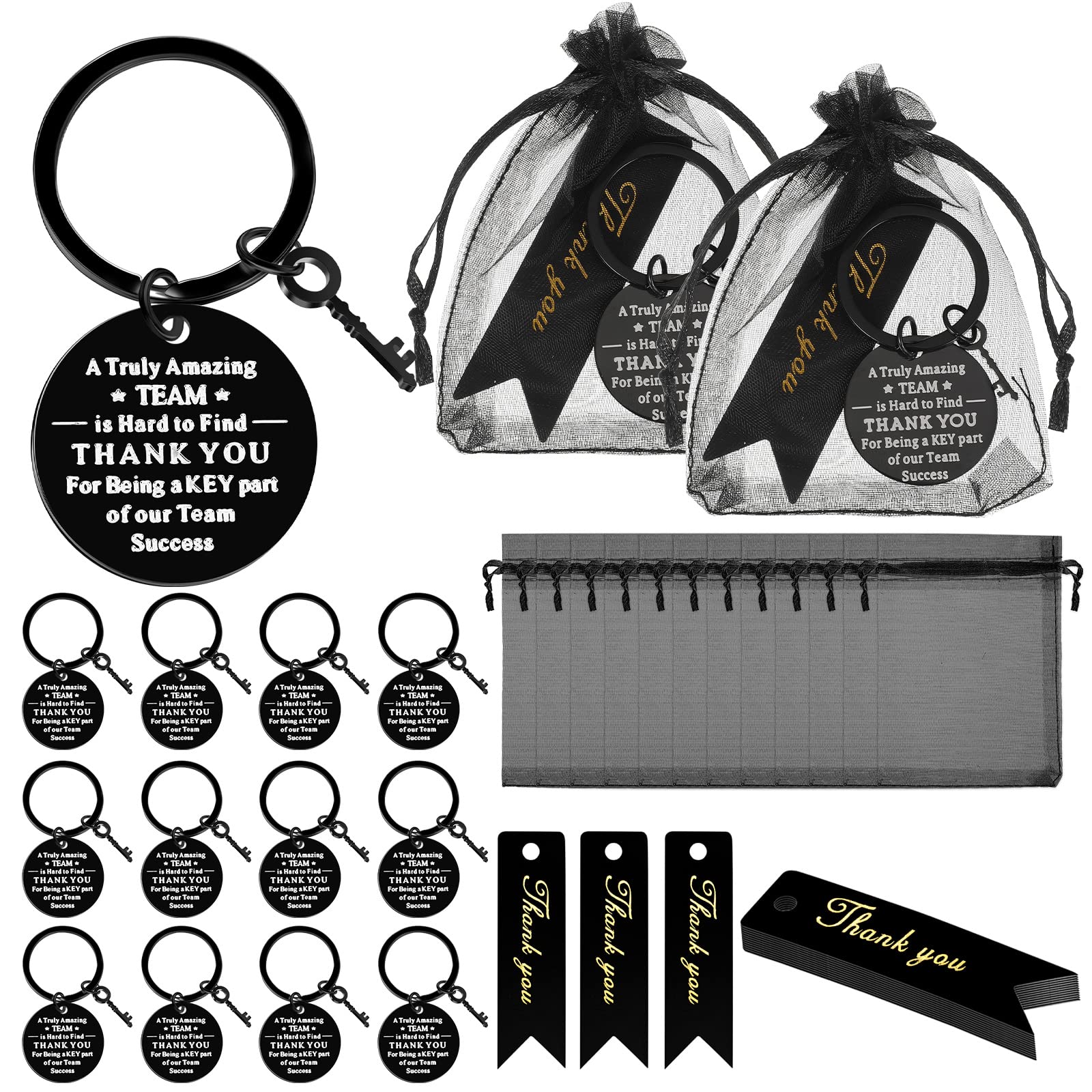 Yinkin 36 Pcs Employee Appreciation Gifts Thank You Coworker Keychain Gifts with Organza Bags and Thank You Cards(Black)