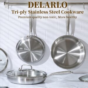 DELARLO Tri-Ply Stainless Steel Pan, 12 inch Frying Pan with Lid, Compatible with All Cooktops Up to 600℉, Fast & Even Heat, Skillet, Induction Cookware, Cooking Pan, Stir Fry Pan, Dishwasher Safe Pan