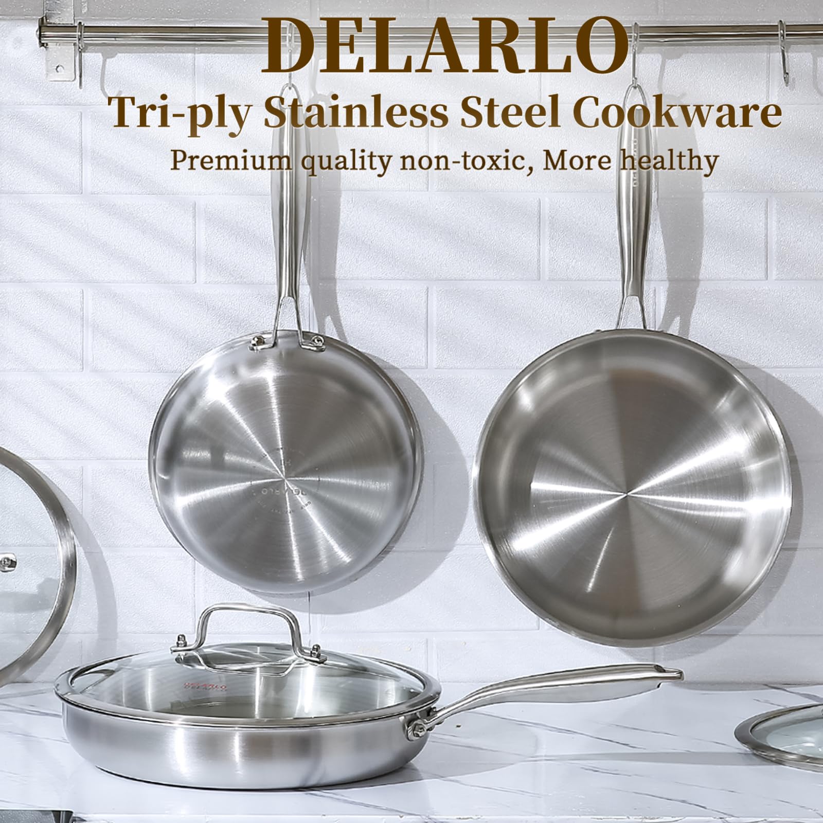 DELARLO Tri-Ply Stainless Steel Pan, 12 inch Frying Pan with Lid, Compatible with All Cooktops Up to 600℉, Fast & Even Heat, Skillet, Induction Cookware, Cooking Pan, Stir Fry Pan, Dishwasher Safe Pan