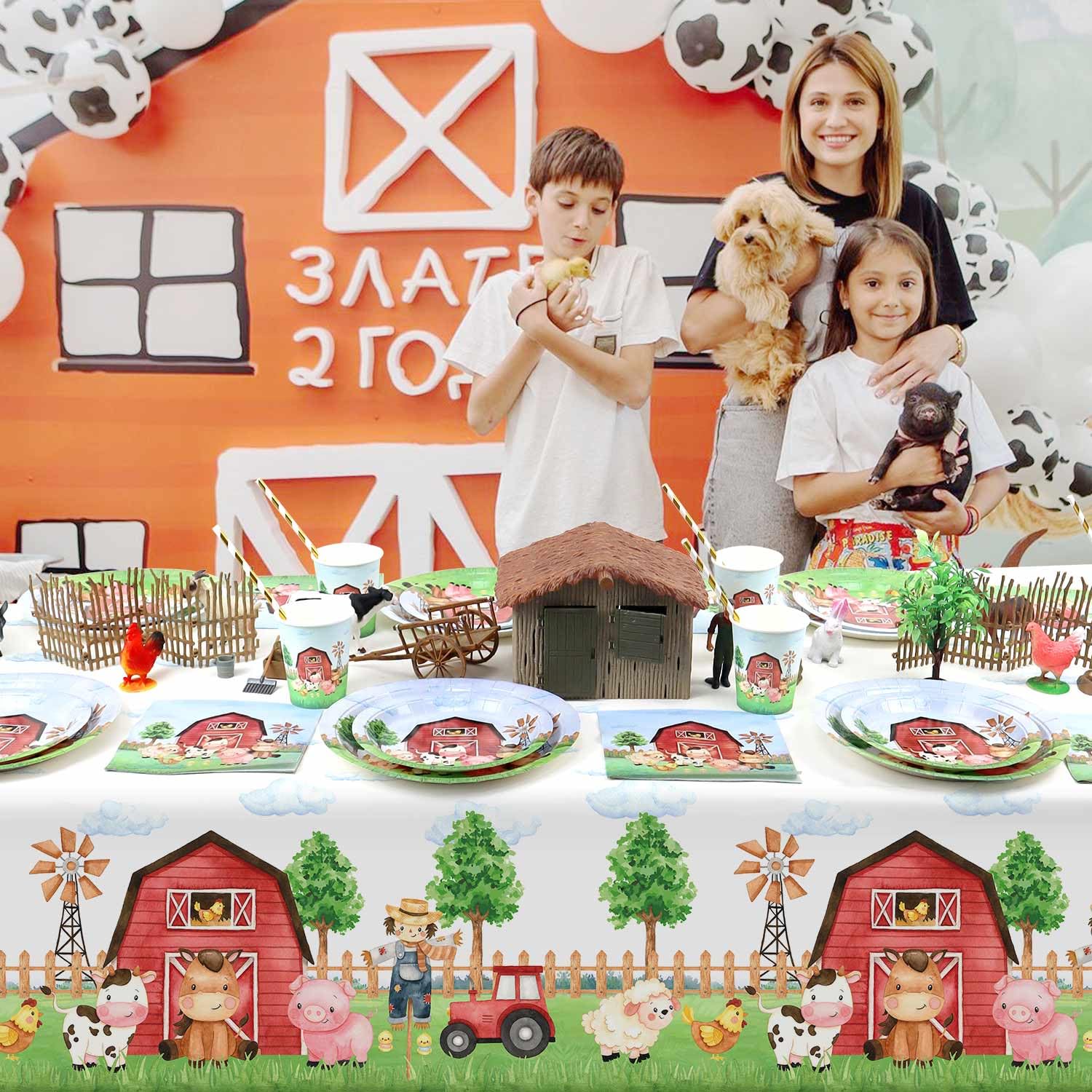 Heboland 3 Pieces Farm Animal Birthday Party Supplies Tablecloth, Large Size 54 x 108 Inch Rectangular Plastic Table Cover, Barnyard Birthday Party Supplies Decorations for Baby Shower Boys Girls