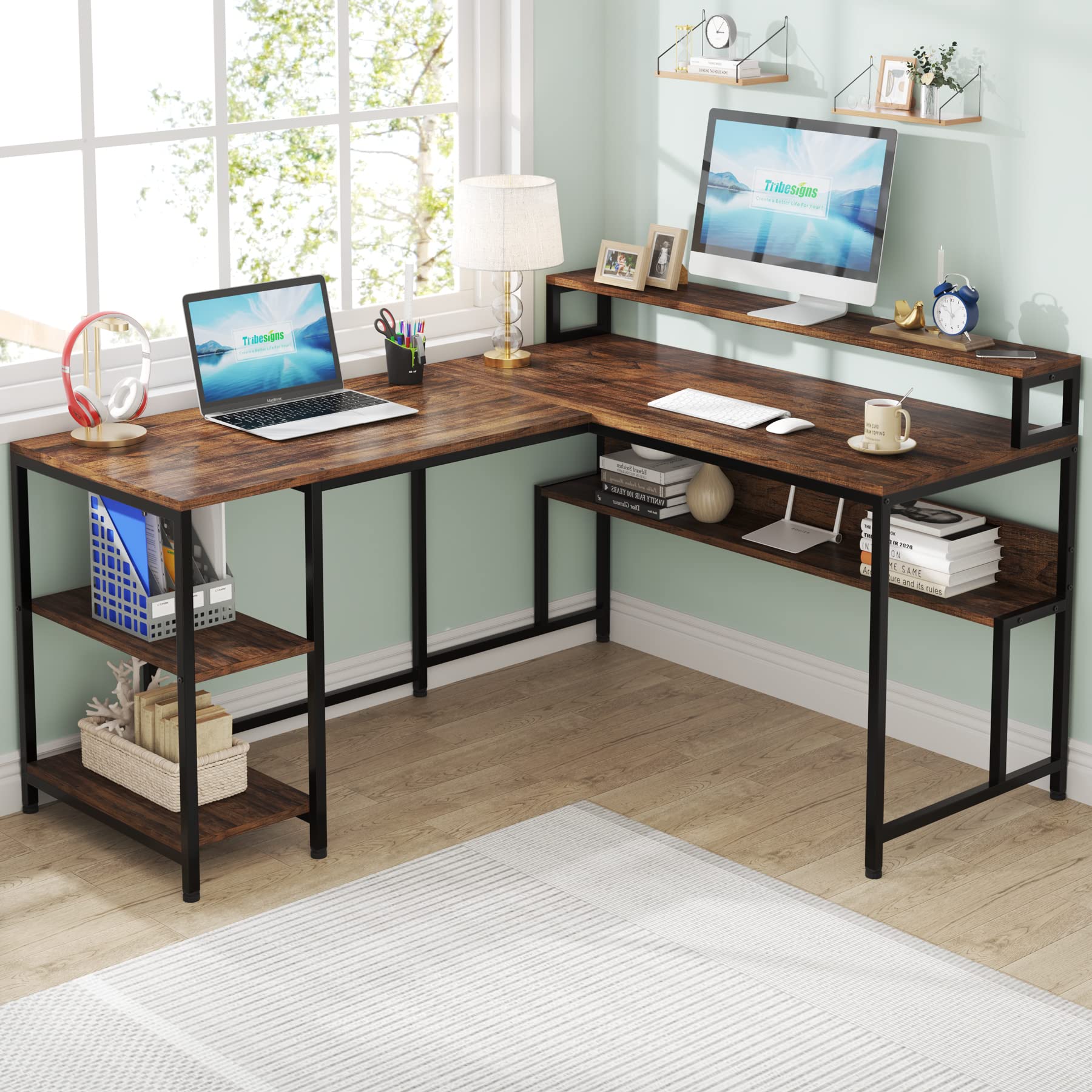 Tribesigns Reversible L Shaped Desk, L Shape Computer Table with Monitor Stand and Storage Shelves, Industrial Corner Desk with Printer Space, Work Desk for Home Office, Small Spaces