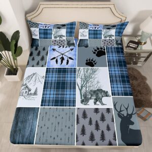 Rustic Farmhouse Sheet Set Twin, Retro Cabin Lodge Fitted Sheet Country Bear Deer Bed Sheets For Kids Teens Adult Men, Hunting Wild Animal Plaid Checkered Flat Sheet 3Pcs With 1 Pillow Case,Blue