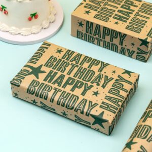 RUSPEPA Kraft Wrapping Paper Roll - Mini Roll - Green Happy Birthday Pattern Great for Birthday, Party, Baby Shower - 17.5 Inches X 32.8 Feet